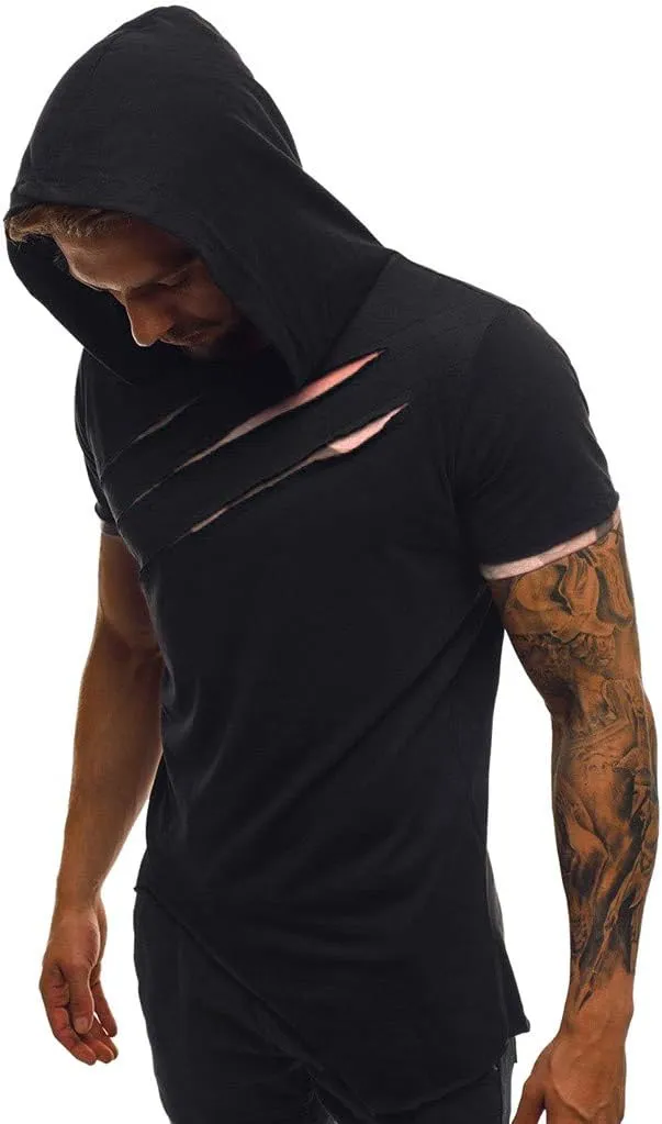 Short Sleeve Hoodies for Men Summer Tops Workout Hooded T Shirts Casual Muscle Cut Off T Shirt Streetwear Gym Tees
