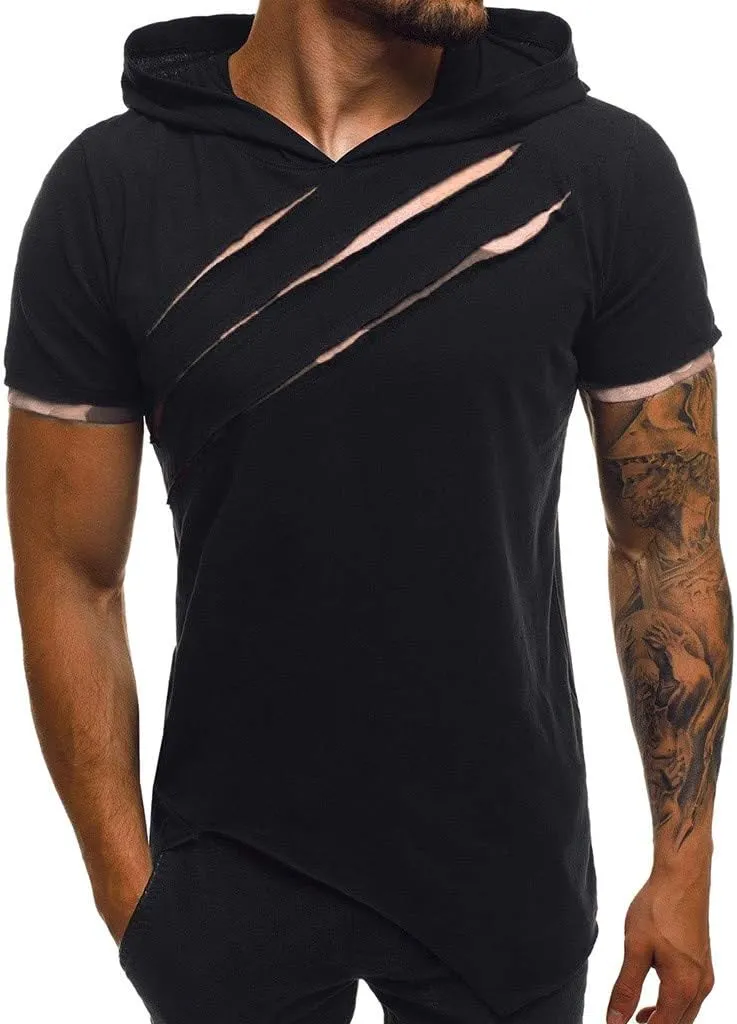 Short Sleeve Hoodies for Men Summer Tops Workout Hooded T Shirts Casual Muscle Cut Off T Shirt Streetwear Gym Tees