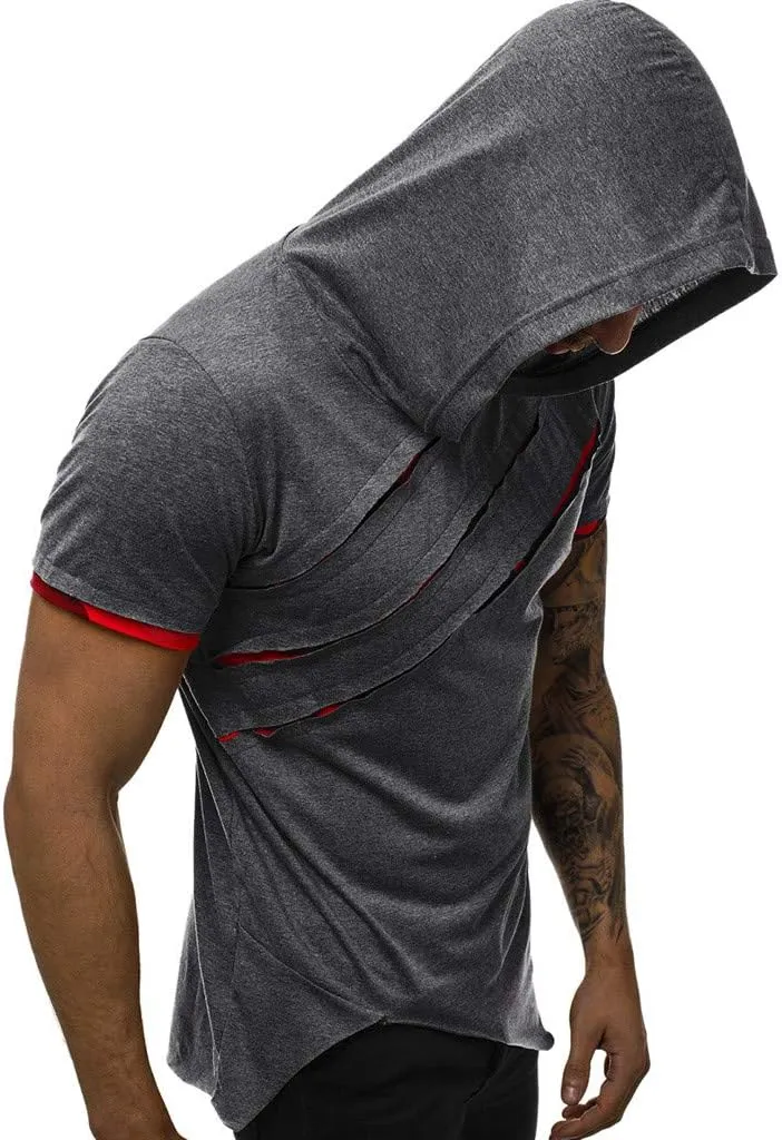Short Sleeve Hoodies for Men Summer Tops Workout Hooded T Shirts Casual Muscle Cut Off T Shirt Streetwear Gym Tees