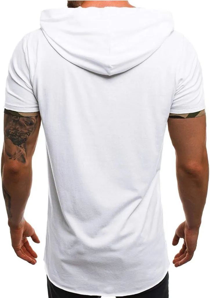 Short Sleeve Hoodies for Men Summer Tops Workout Hooded T Shirts Casual Muscle Cut Off T Shirt Streetwear Gym Tees