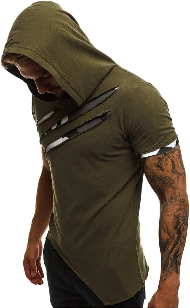 Short Sleeve Hoodies for Men Summer Tops Workout Hooded T Shirts Casual Muscle Cut Off T Shirt Streetwear Gym Tees