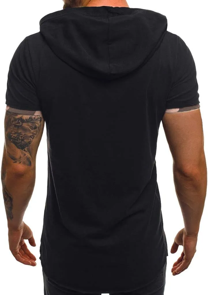 Short Sleeve Hoodies for Men Summer Tops Workout Hooded T Shirts Casual Muscle Cut Off T Shirt Streetwear Gym Tees