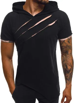 Short Sleeve Hoodies for Men Summer Tops Workout Hooded T Shirts Casual Muscle Cut Off T Shirt Streetwear Gym Tees