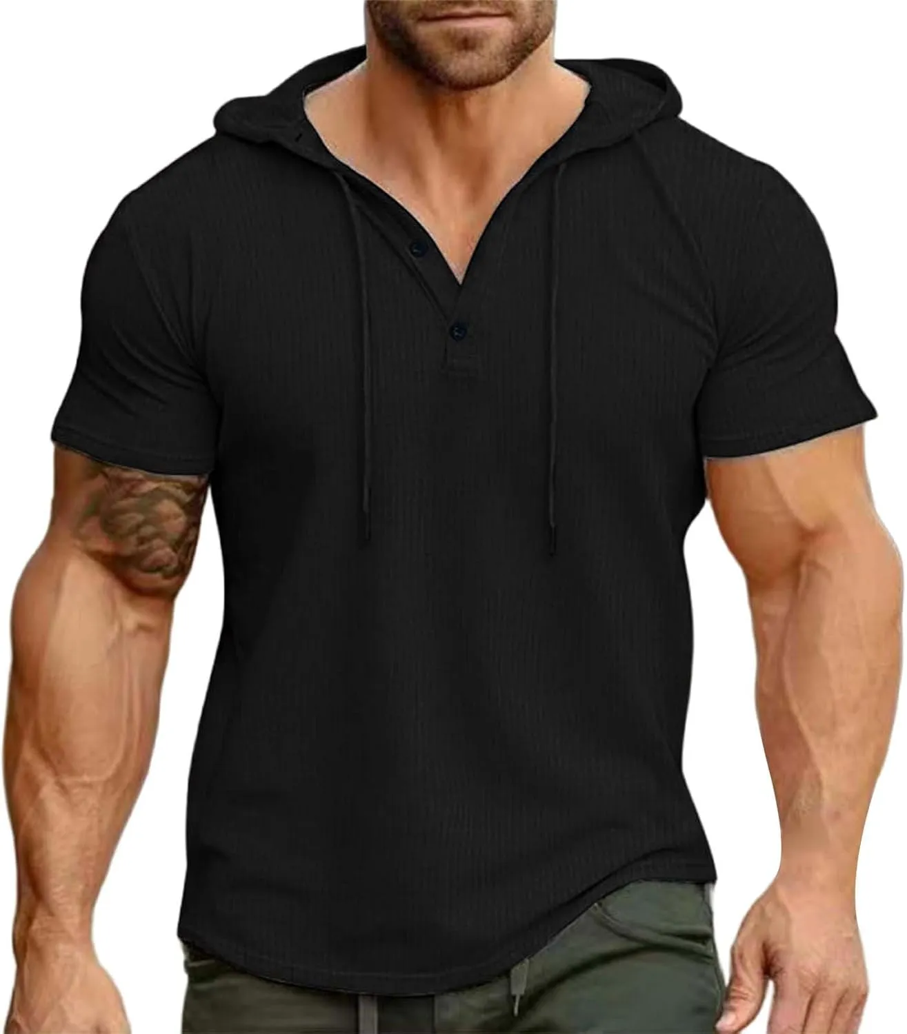 Short Sleeve Hoodies for Men V Neck Henley Shirts Gym Muscle Hooded Workout Sweatshirts Casual Athletic Pullover Tops
