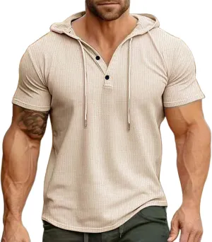 Short Sleeve Hoodies for Men V Neck Henley Shirts Gym Muscle Hooded Workout Sweatshirts Casual Athletic Pullover Tops