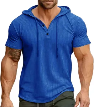 Short Sleeve Hoodies for Men V Neck Henley Shirts Gym Muscle Hooded Workout Sweatshirts Casual Athletic Pullover Tops
