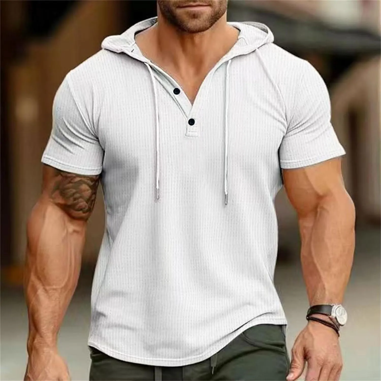 Short Sleeve Hoodies for Men V Neck Henley Shirts Gym Muscle Hooded Workout Sweatshirts Casual Athletic Pullover Tops