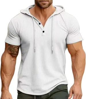Short Sleeve Hoodies for Men V Neck Henley Shirts Gym Muscle Hooded Workout Sweatshirts Casual Athletic Pullover Tops