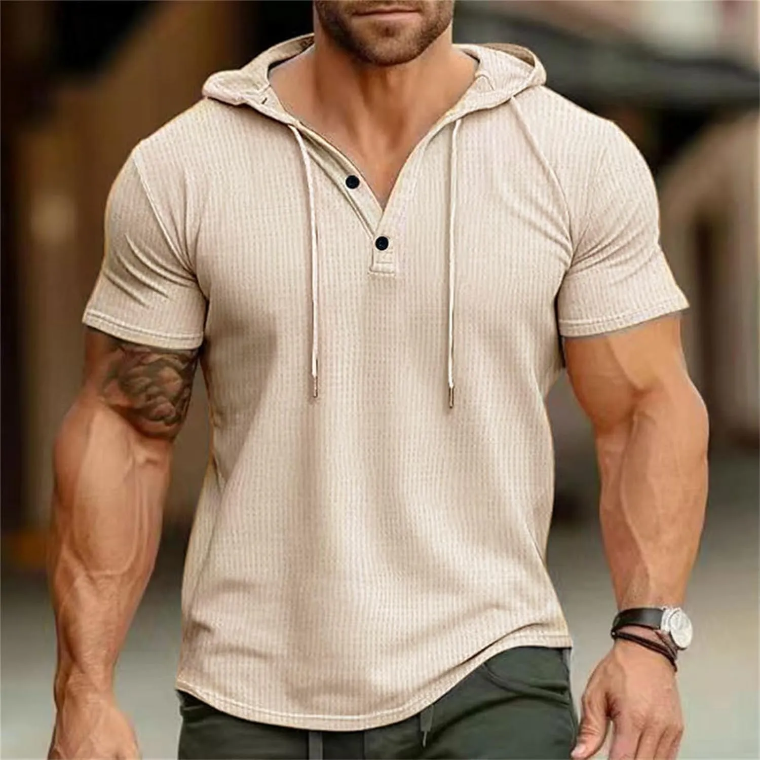 Short Sleeve Hoodies for Men V Neck Henley Shirts Gym Muscle Hooded Workout Sweatshirts Casual Athletic Pullover Tops