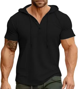 Short Sleeve Hoodies for Men V Neck Henley Shirts Gym Muscle Hooded Workout Sweatshirts Casual Athletic Pullover Tops