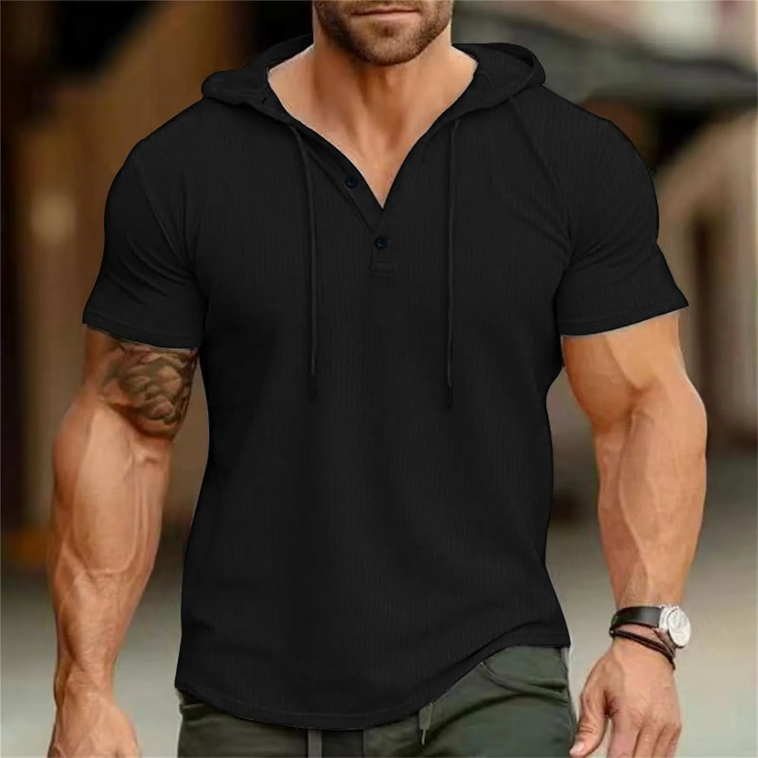 Short Sleeve Hoodies for Men V Neck Henley Shirts Gym Muscle Hooded Workout Sweatshirts Casual Athletic Pullover Tops