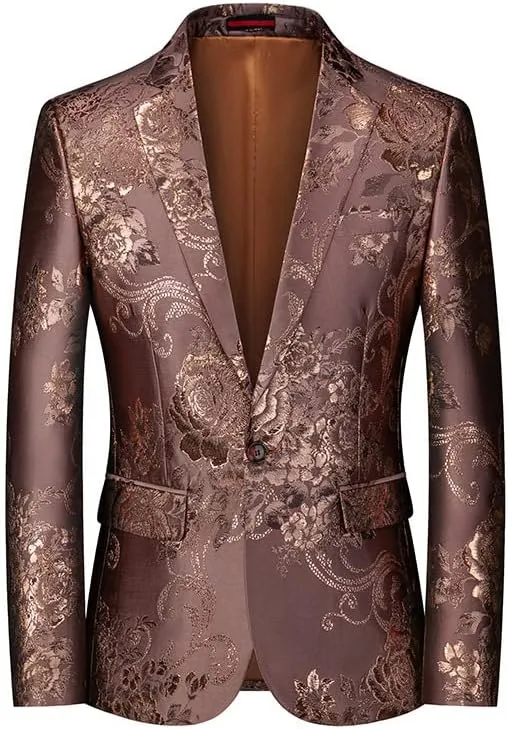 Silver Peony Jacquard Tuxedo Suit Jacket Men One Button Notched Lapel Slim Fit Blazer Wedding Prom Dinner Party