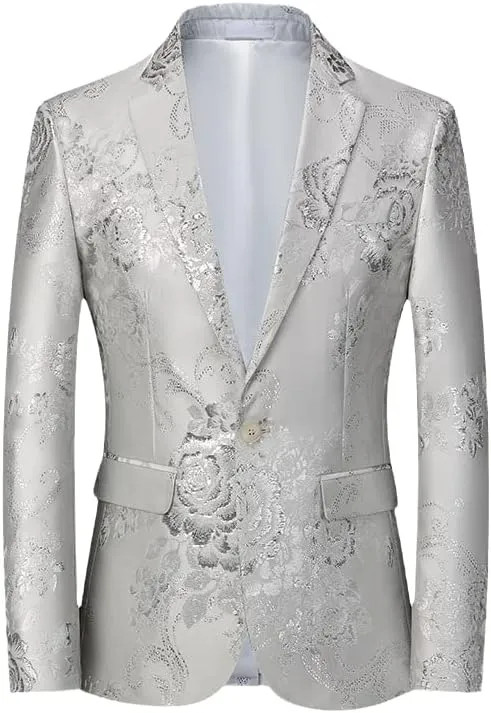 Silver Peony Jacquard Tuxedo Suit Jacket Men One Button Notched Lapel Slim Fit Blazer Wedding Prom Dinner Party
