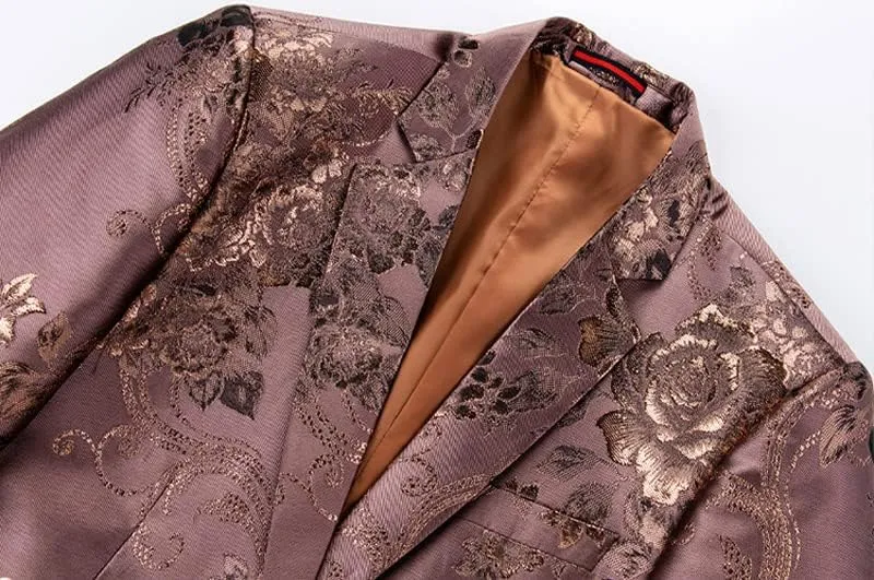 Silver Peony Jacquard Tuxedo Suit Jacket Men One Button Notched Lapel Slim Fit Blazer Wedding Prom Dinner Party