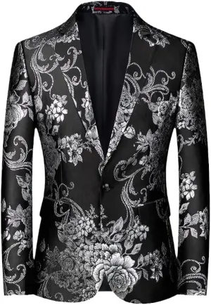 Silver Peony Jacquard Tuxedo Suit Jacket Men One Button Notched Lapel Slim Fit Blazer Wedding Prom Dinner Party