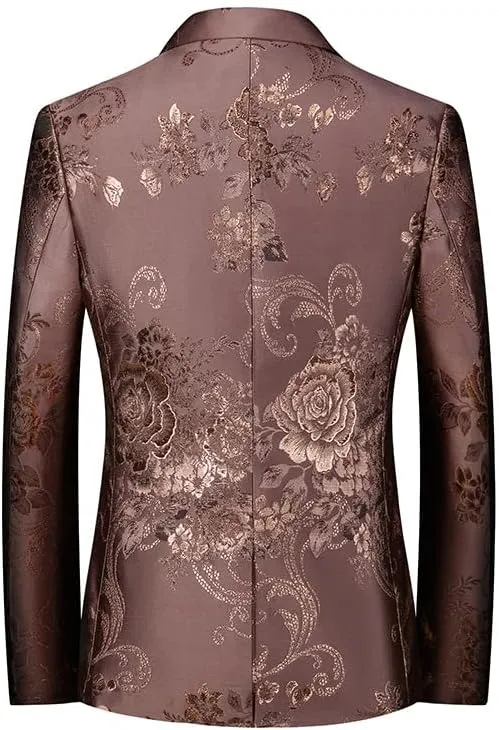 Silver Peony Jacquard Tuxedo Suit Jacket Men One Button Notched Lapel Slim Fit Blazer Wedding Prom Dinner Party