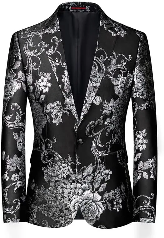 Silver Peony Jacquard Tuxedo Suit Jacket Men One Button Notched Lapel Slim Fit Blazer Wedding Prom Dinner Party