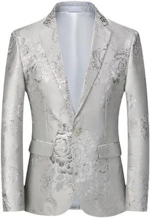Silver Peony Jacquard Tuxedo Suit Jacket Men One Button Notched Lapel Slim Fit Blazer Wedding Prom Dinner Party