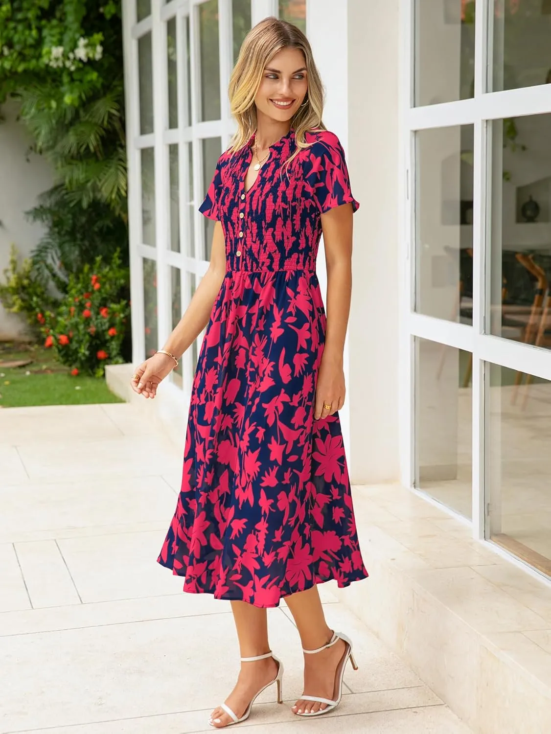 Simplee Floral Smocked Midi Dress V Neck Short Sleeve Empire Waist A Line Boho Beach Dress