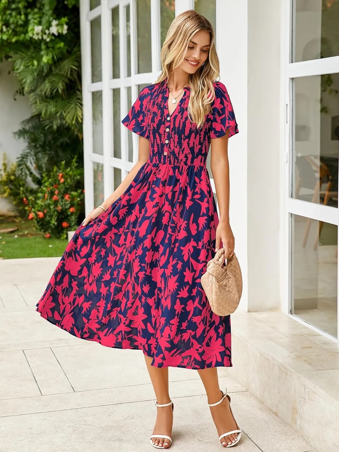 Simplee Floral Smocked Midi Dress V Neck Short Sleeve Empire Waist A Line Boho Beach Dress