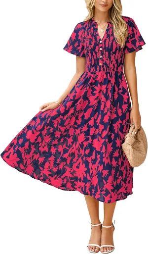 Simplee Floral Smocked Midi Dress V Neck Short Sleeve Empire Waist A Line Boho Beach Dress