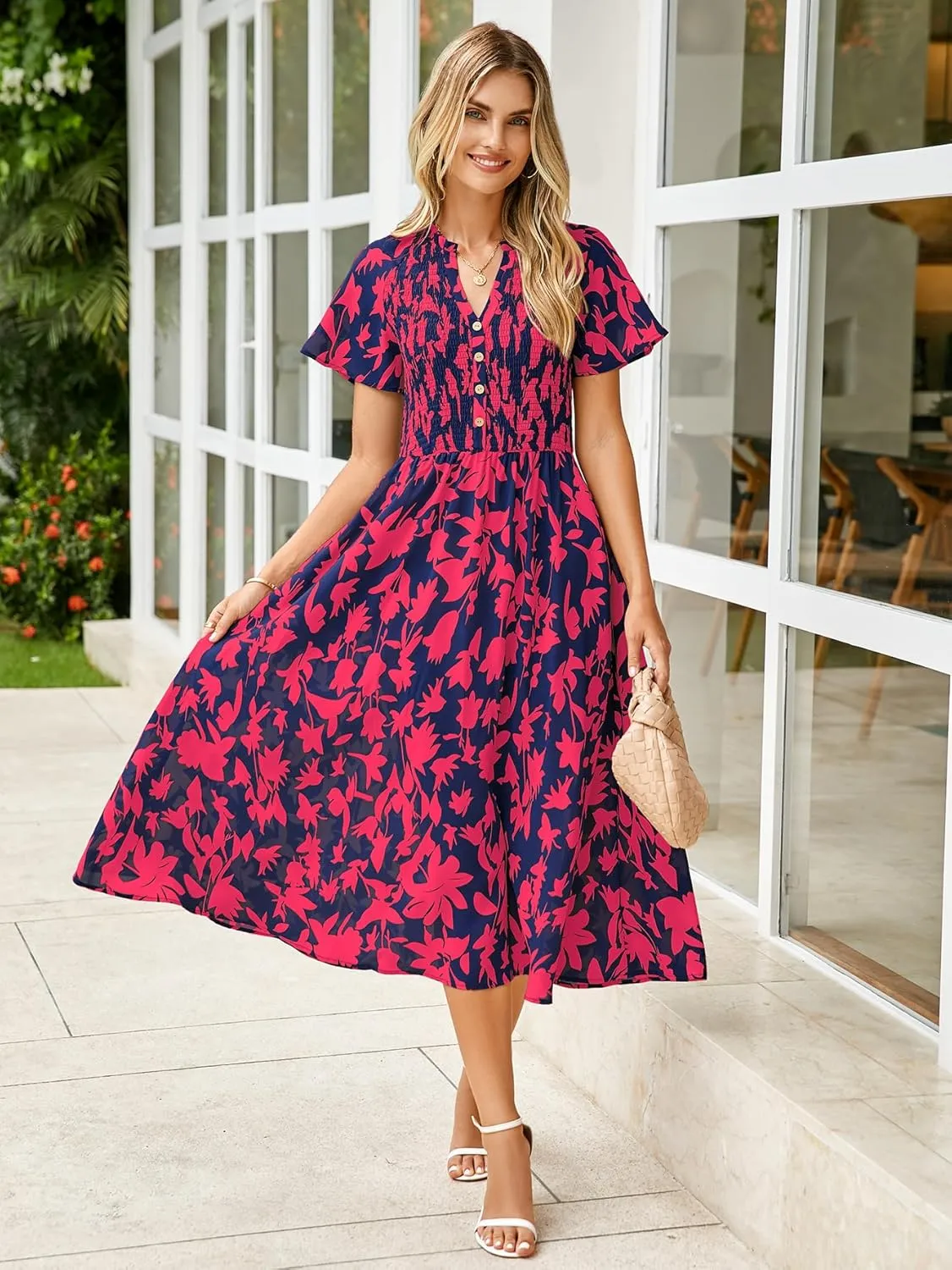 Simplee Floral Smocked Midi Dress V Neck Short Sleeve Empire Waist A Line Boho Beach Dress