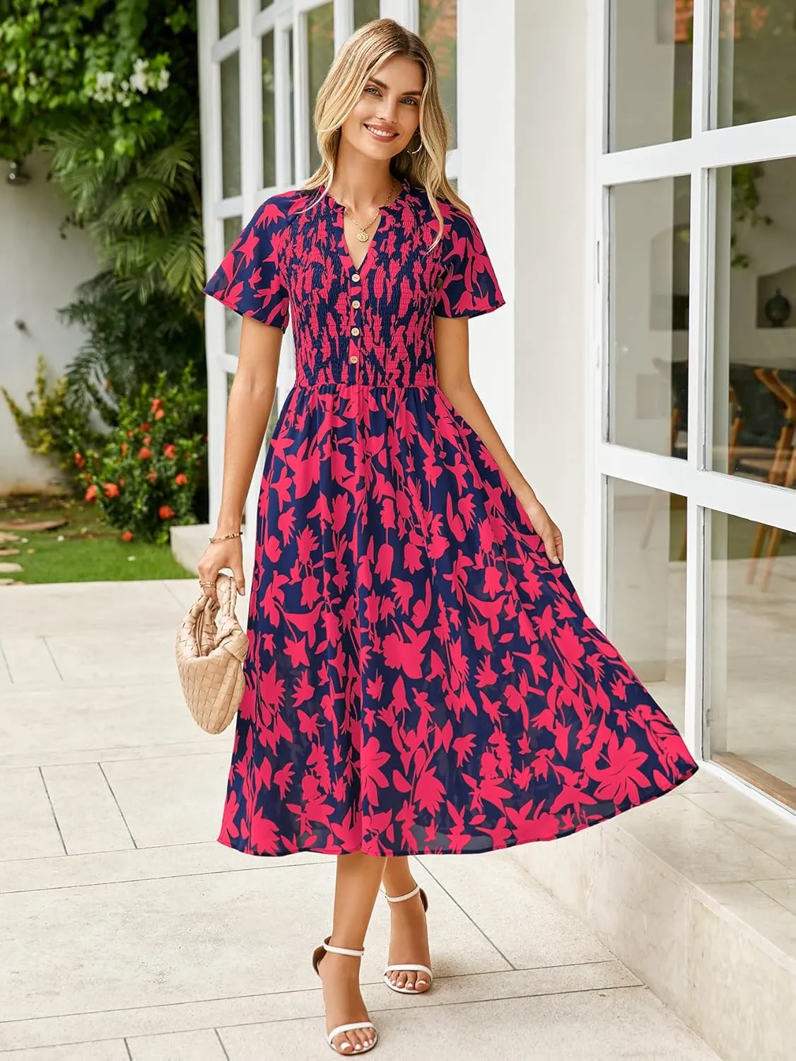 Simplee Floral Smocked Midi Dress V Neck Short Sleeve Empire Waist A Line Boho Beach Dress