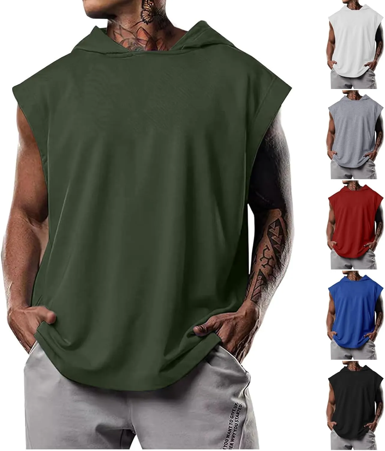 Sleeveless Hoodies for Men Workout Hooded Tank Top Bodybuilding Muscle Cut Off T Shirt Sports Training Gym Hoodies Tops