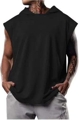 Sleeveless Hoodies for Men Workout Hooded Tank Top Bodybuilding Muscle Cut Off T Shirt Sports Training Gym Hoodies Tops