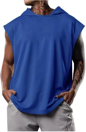 Sleeveless Hoodies for Men Workout Hooded Tank Top Bodybuilding Muscle Cut Off T Shirt Sports Training Gym Hoodies Tops