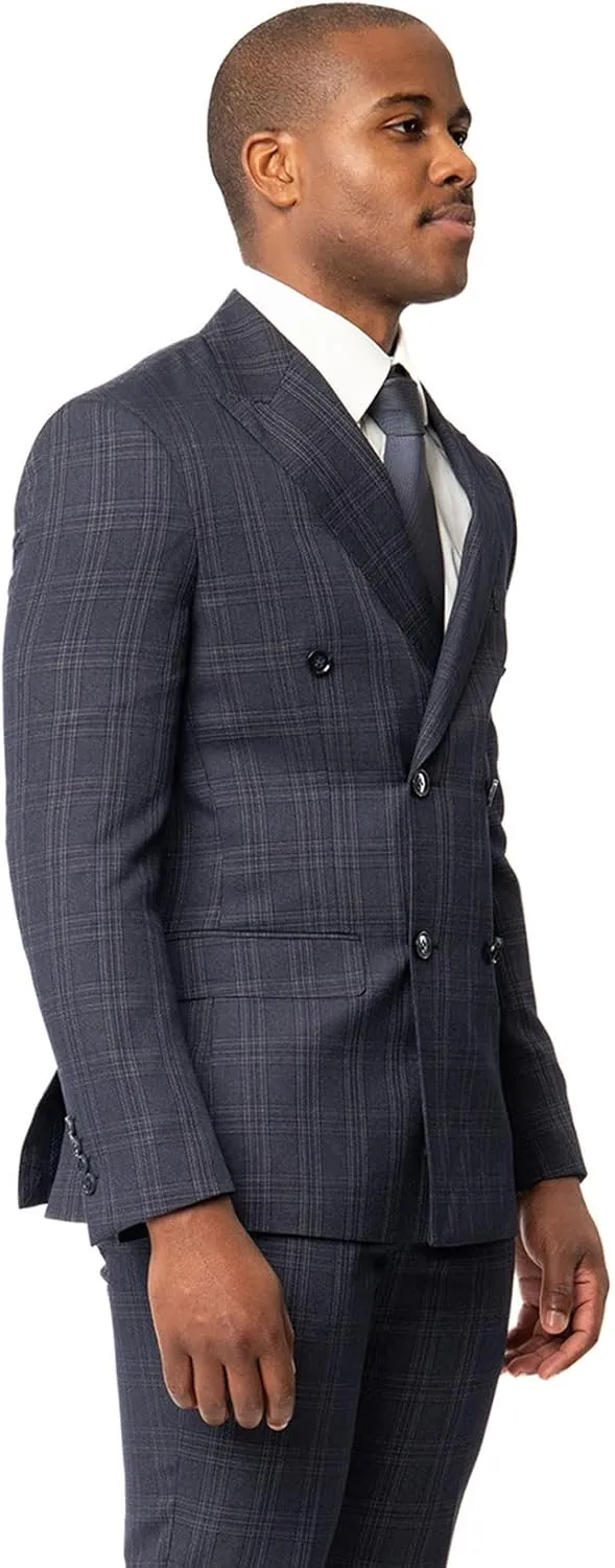 Slim Fit Double Breasted Blazer 2 Button Peak Lapel Plaid Dinner Jacket 2311