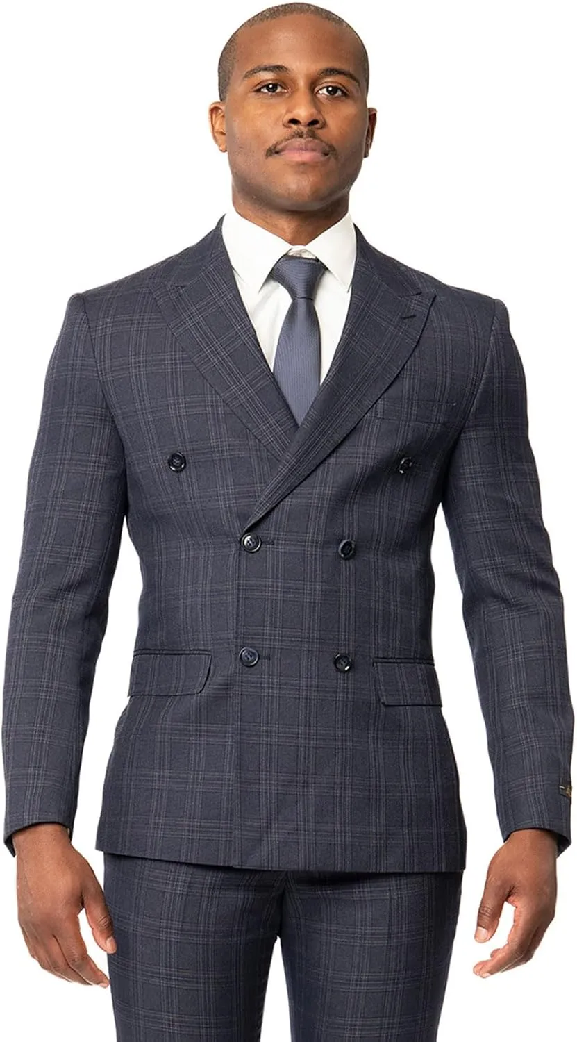 Slim Fit Double Breasted Blazer 2 Button Peak Lapel Plaid Dinner Jacket 2311