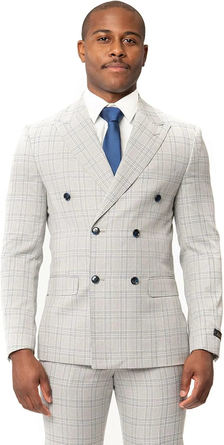Slim Fit Double Breasted Blazer 2 Button Peak Lapel Plaid Dinner Jacket 2311