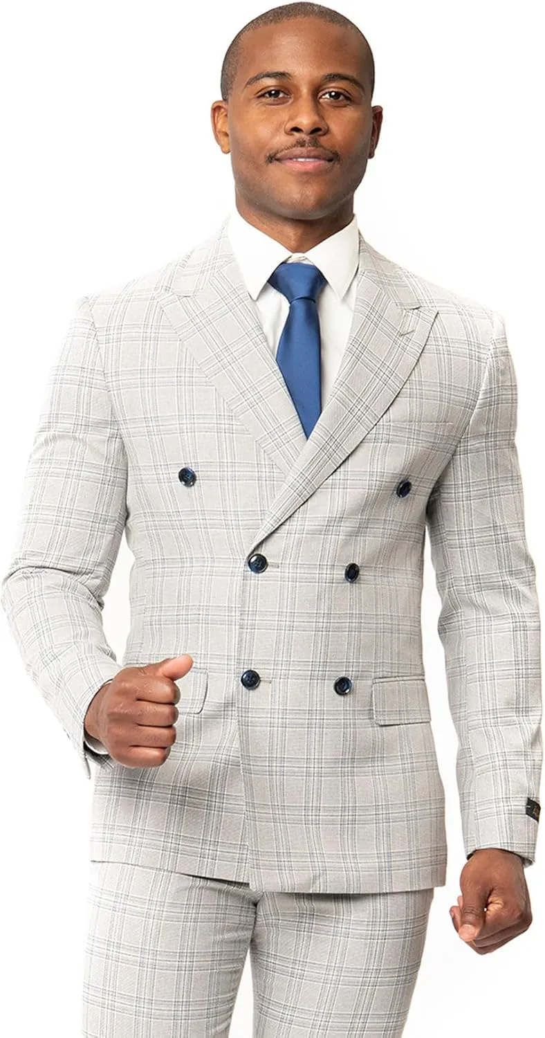 Slim Fit Double Breasted Blazer 2 Button Peak Lapel Plaid Dinner Jacket 2311
