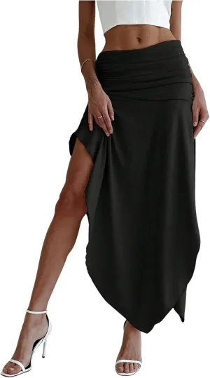 SOLY HUX Women's Ruched Asymmetrical Split Skirt Casual Maxi Skirts