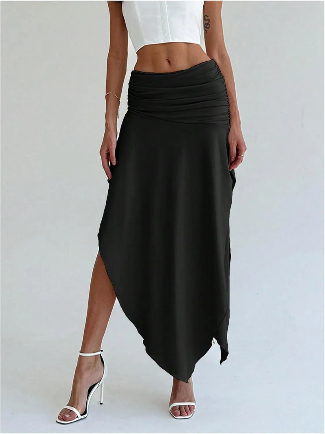 SOLY HUX Women's Ruched Asymmetrical Split Skirt Casual Maxi Skirts
