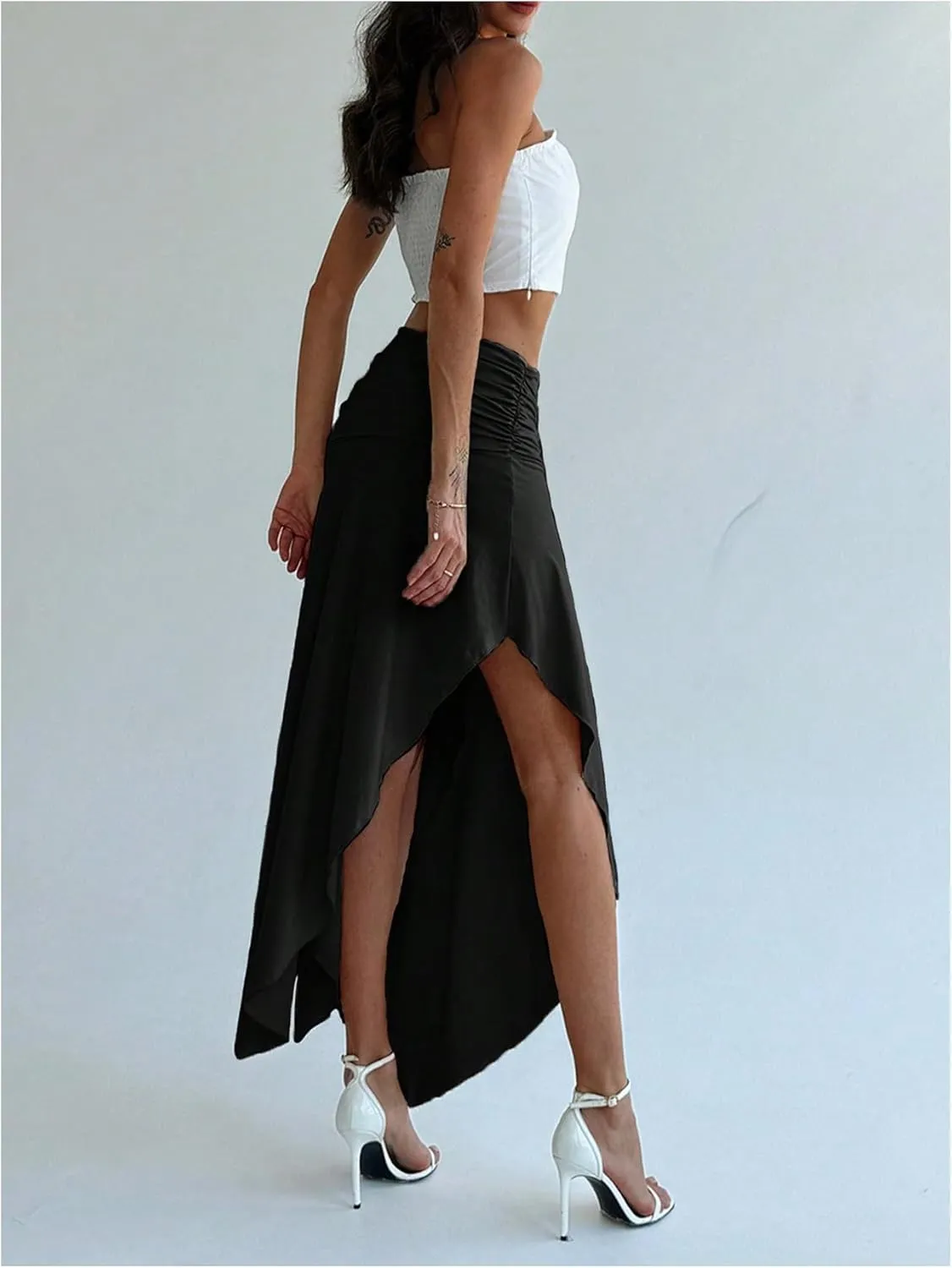 SOLY HUX Women's Ruched Asymmetrical Split Skirt Casual Maxi Skirts