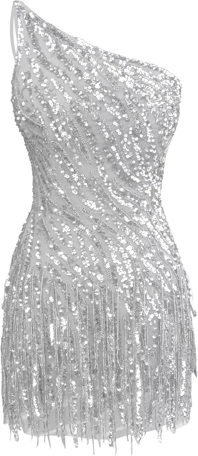 Sparkly Sequin Homecoming Dresses for Teens Short Tessal One Shoulder Bodycon Mini Cocktail Party Gowns