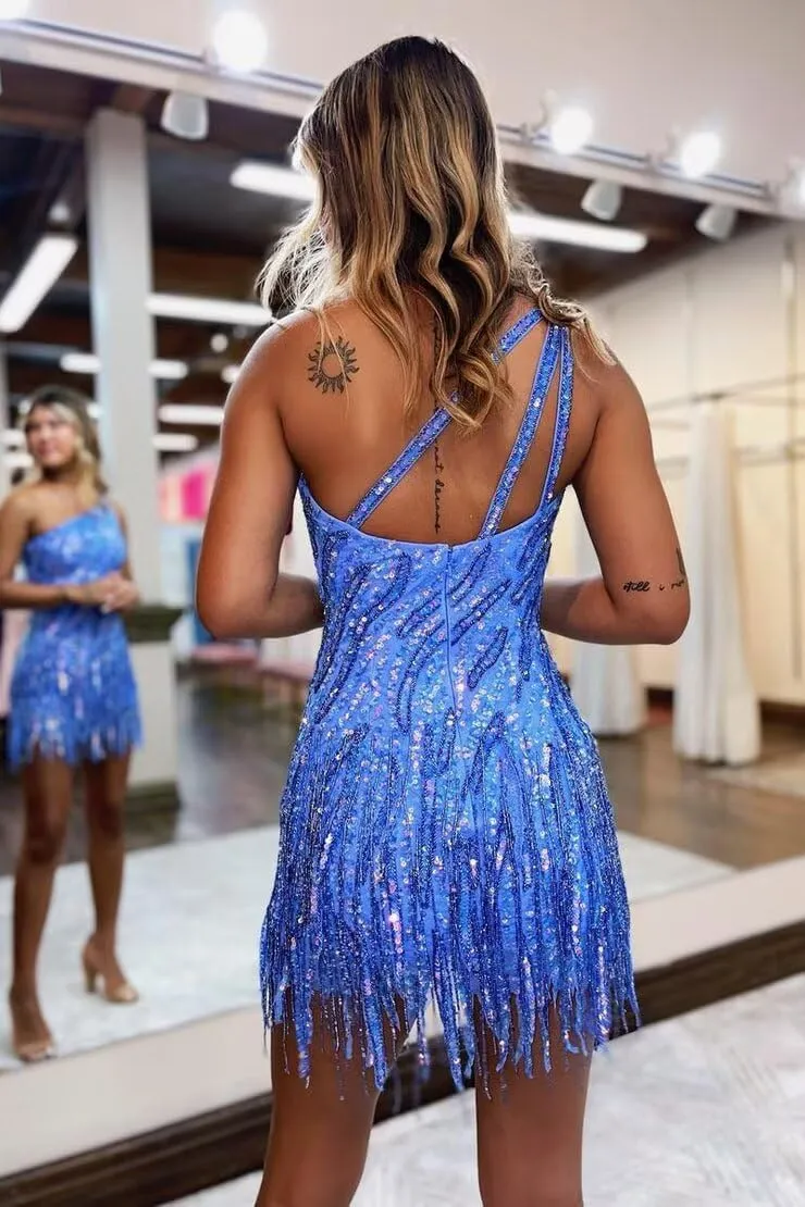 Sparkly Sequin Homecoming Dresses for Teens Short Tessal One Shoulder Bodycon Mini Cocktail Party Gowns