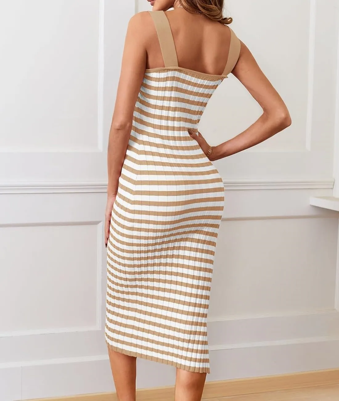Summer Dresses for Women 2025 Bodycon Midi Dress Sleeveless Slim Fit Dresses Fashion Striped Party Club Dress