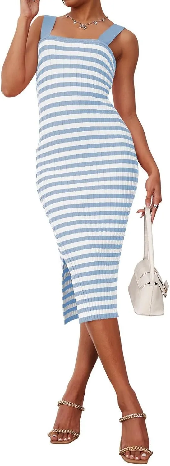 Summer Dresses for Women 2025 Bodycon Midi Dress Sleeveless Slim Fit Dresses Fashion Striped Party Club Dress