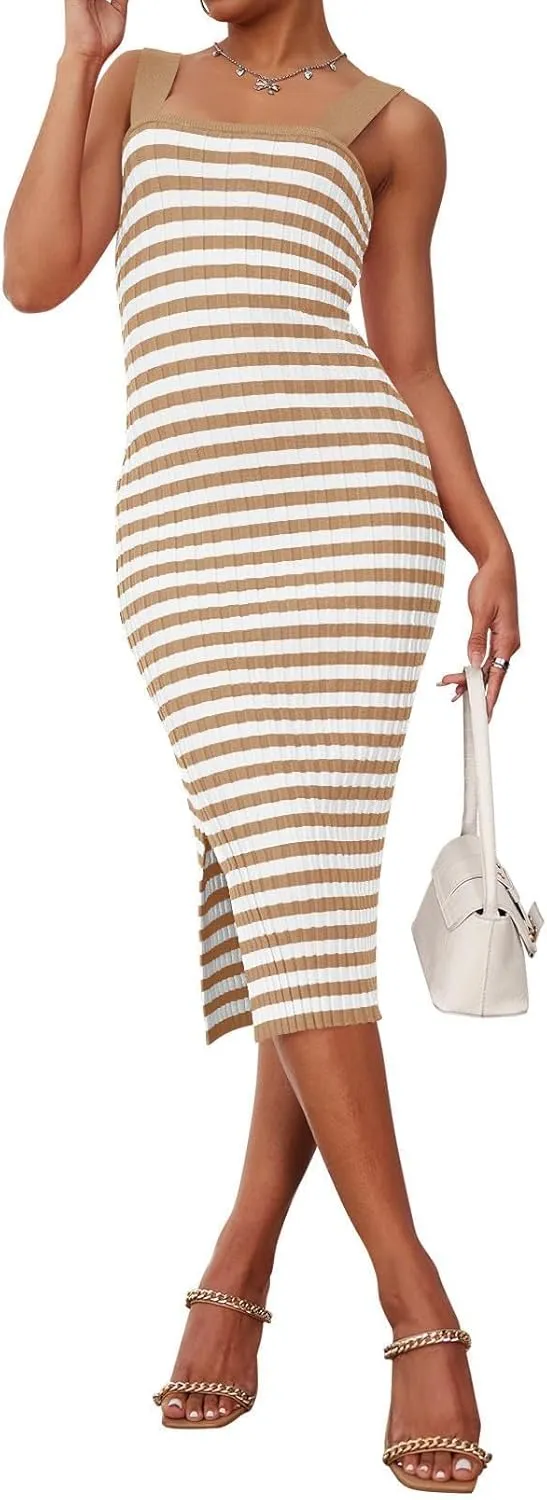 Summer Dresses for Women 2025 Bodycon Midi Dress Sleeveless Slim Fit Dresses Fashion Striped Party Club Dress