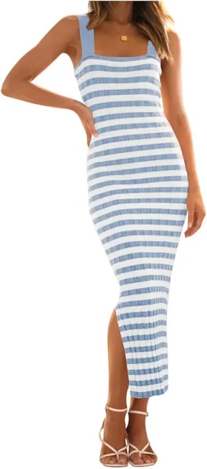 Summer Dresses for Women 2025 Bodycon Midi Dress Sleeveless Slim Fit Dresses Fashion Striped Party Club Dress