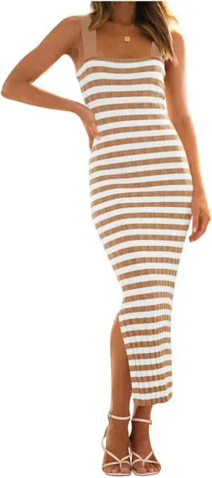 Summer Dresses for Women 2025 Bodycon Midi Dress Sleeveless Slim Fit Dresses Fashion Striped Party Club Dress