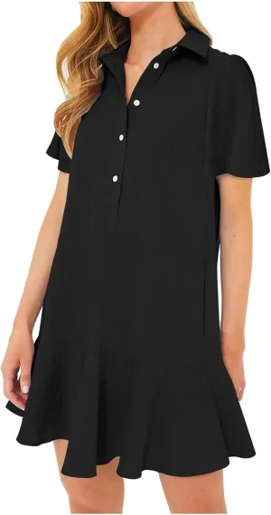 Summer Dresses for Women 2025 Loose Fit Dress Short Sleeve Collared Button Down Mini Dress Ruffle Hem Dresses