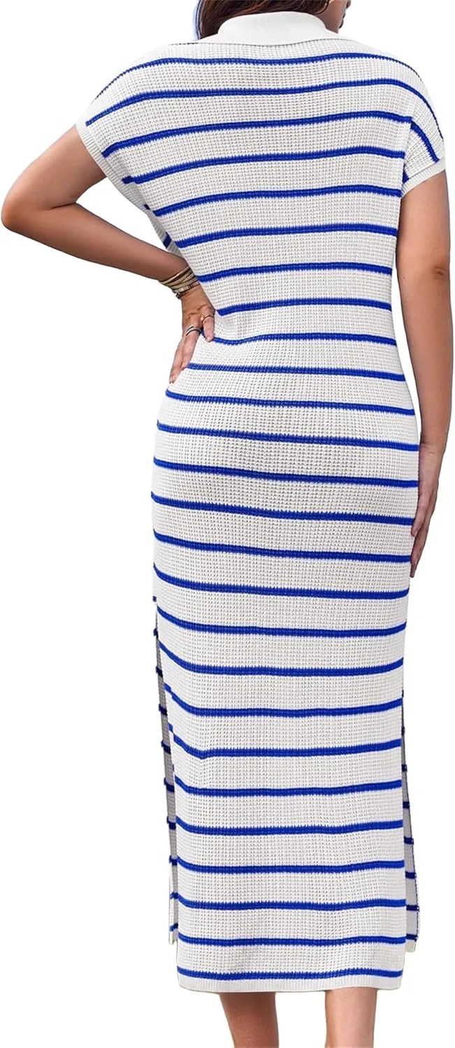 Summer Dresses for Women 2025 Short Sleeve V Neck Collared Dress Striped Knit Dresses Loose Maxi Sweater Dress