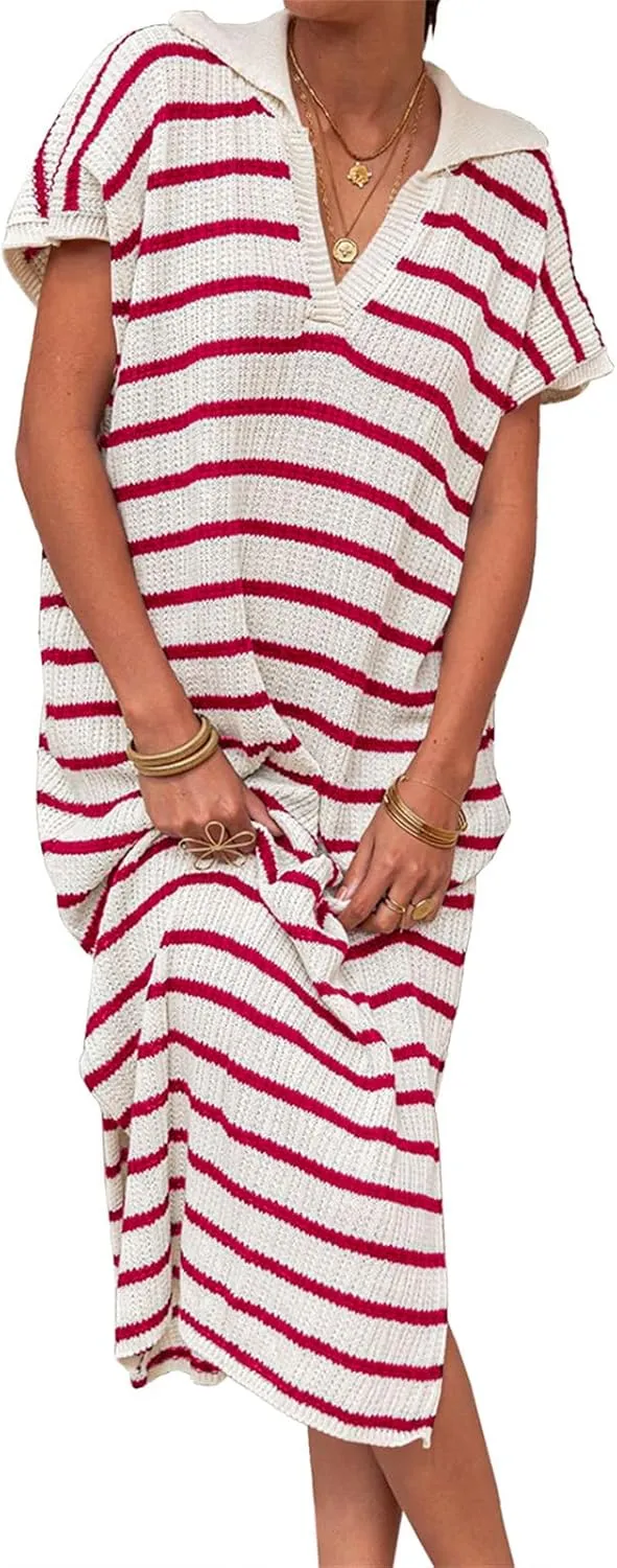 Summer Dresses for Women 2025 Short Sleeve V Neck Collared Dress Striped Knit Dresses Loose Maxi Sweater Dress