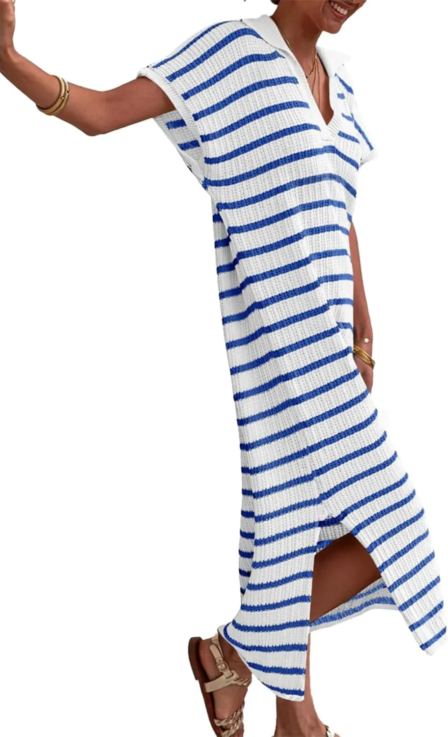 Summer Dresses for Women 2025 Short Sleeve V Neck Collared Dress Striped Knit Dresses Loose Maxi Sweater Dress