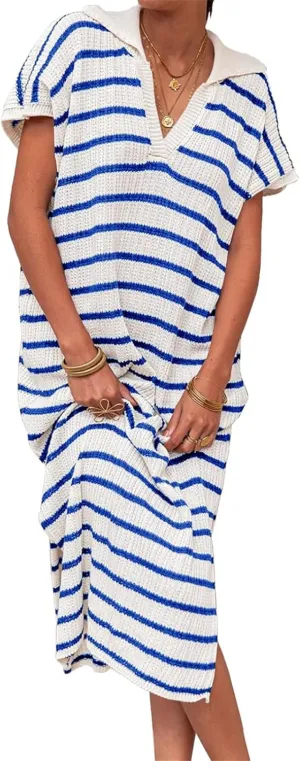 Summer Dresses for Women 2025 Short Sleeve V Neck Collared Dress Striped Knit Dresses Loose Maxi Sweater Dress