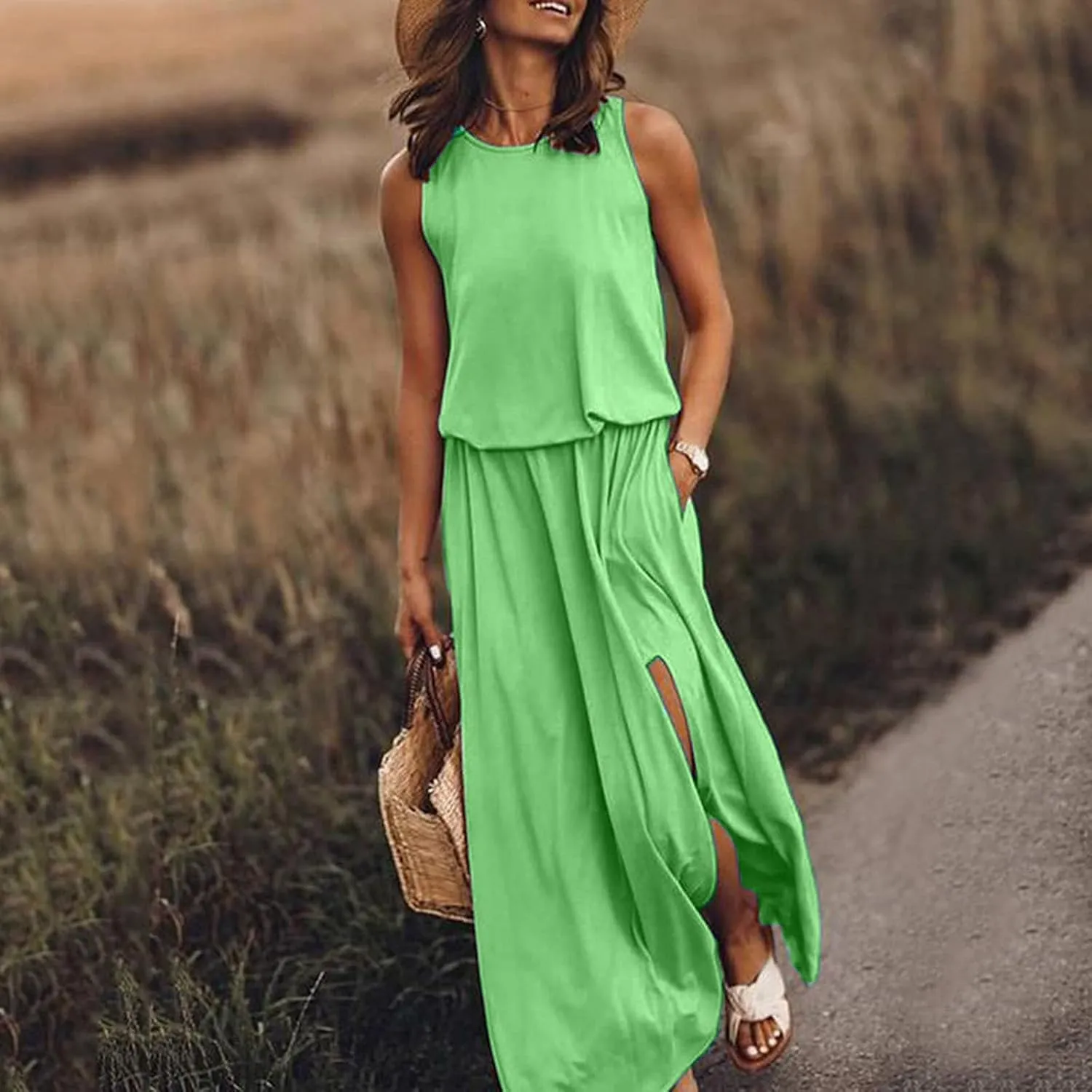 Summer Dresses for Women 2025 Sleeveless Crewneck Maxi Dress Ruffle Casual Dresses Beach Vacation Party Sundress